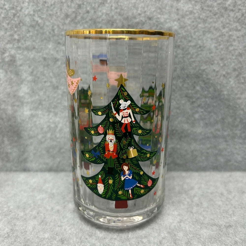 Rifle Paper Co for Anthropologie Nutcracker Juice Glass Set of 4 Gold Rim Fluted